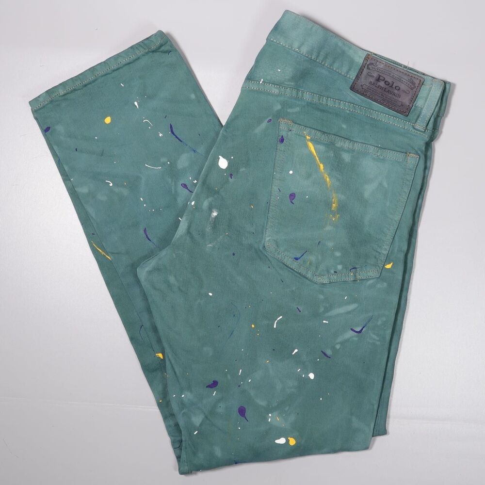 Polo Ralph Lauren Varick Slim Straight Jeans Paint Splatter Green Mens 36x30